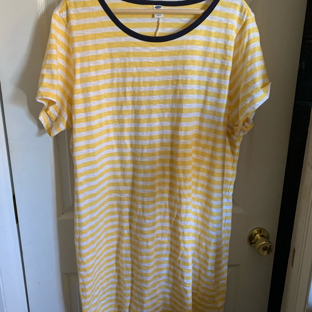 Yellow and white striped knee length dress